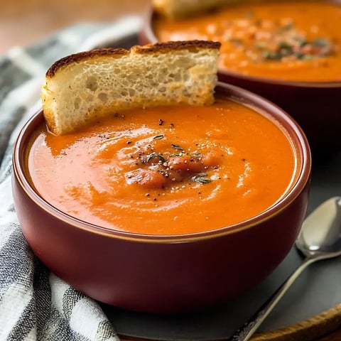Two steaming bowls of creamy tomato soup garnished with herbs, each holding a slice of crisp toasted bread.