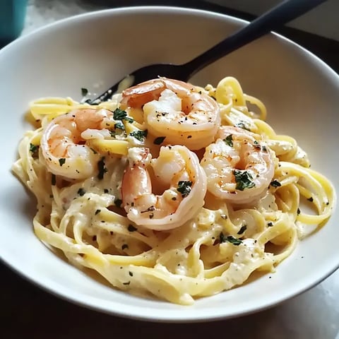 Creamy pasta topped with large shrimp and fresh parsley in a bowl.