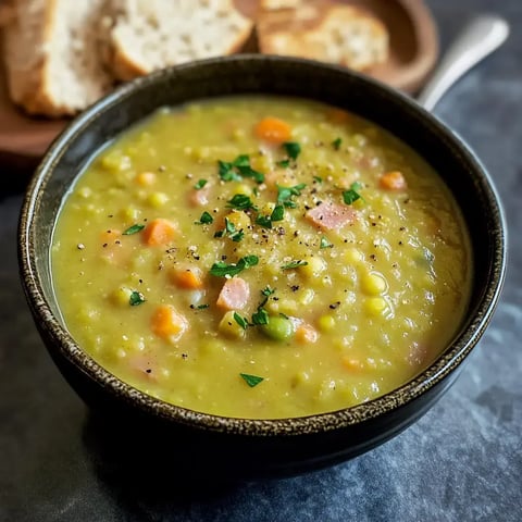 A close-up of hearty green split pea soup topped with parsley alongside crusty bread pieces.