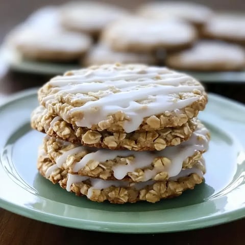 Three oatmeal cookies stacked on a green plate, with a blurry background showing more cookies.