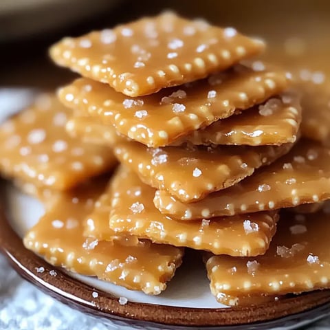 A stack of caramelized crackers with a light sprinkle of salt sitting on a plate.
