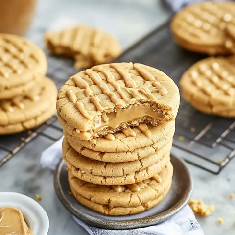 Stacked smooth peanut butter cookies with creamy filling, one half-bitten cookie in focus.