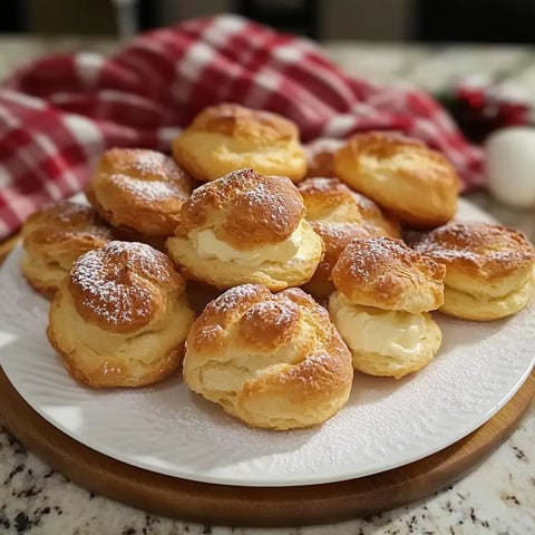 Golden pastries filled with cream and sprinkled with powdered sugar, sitting on a plate with a red and white cloth underneath.