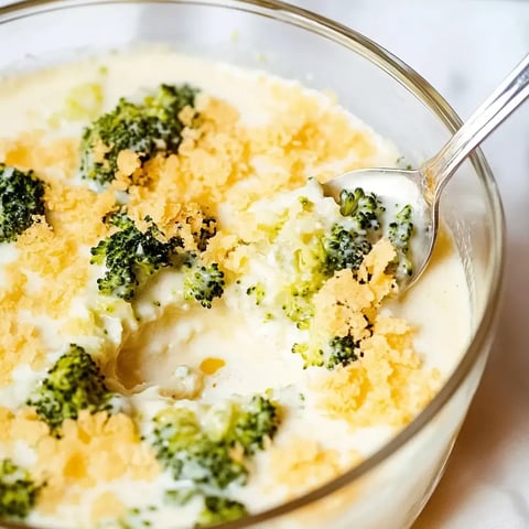 Close-up of cheesy, golden broccoli bake with a crispy topping.