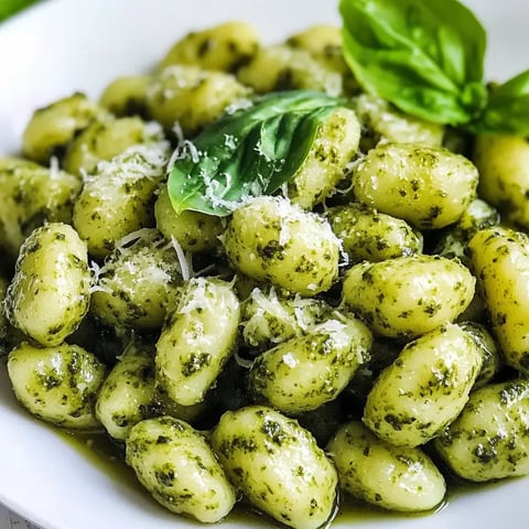 Close-up of golden gnocchi in pesto, topped with cheese and fresh basil on a plate.