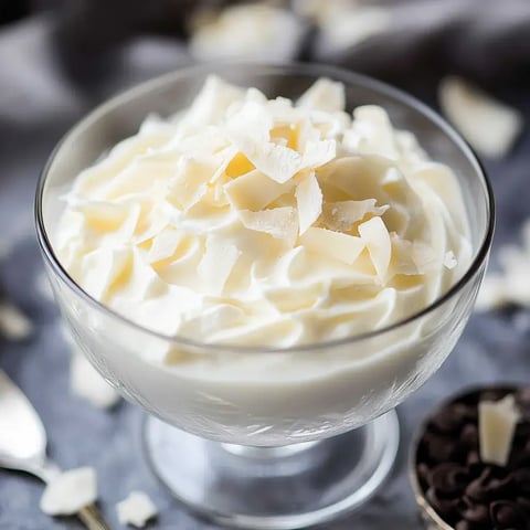 A dessert glass with fluffy whipped mousse topped with white chocolate flakes.