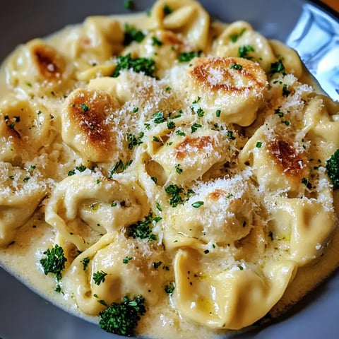 A plate of creamy tortellini pasta with golden chicken, broccoli, and a dusting of Parmesan cheese garnished with parsley.