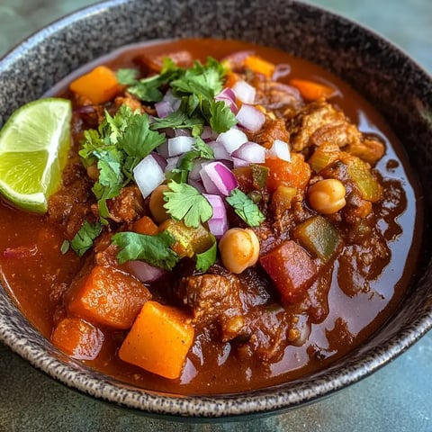 A steaming bowl of soup with hominy, pork, and vibrant toppings like lime and cilantro.
