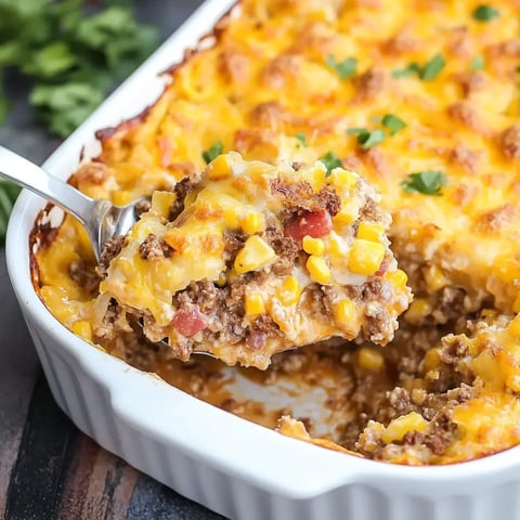 A spoon lifting tater bake with melted cheese, beef, and corn from a casserole dish.