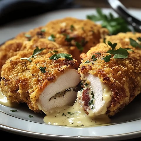 Golden breaded chicken opened to show melty cheese and ham, covered with creamy sauce and sprinkled with parsley.