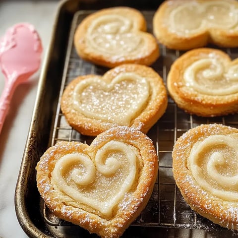 Golden heart-shaped cinnamon rolls lightly sprinkled with icing sugar, served neatly on a tray.