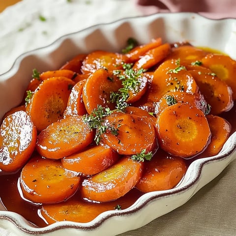 Glossy, butter-coated carrot slices topped with fresh herbs.