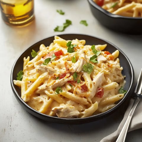 Creamy chicken penne pasta topped with crispy bacon, tomatoes, and parsley.