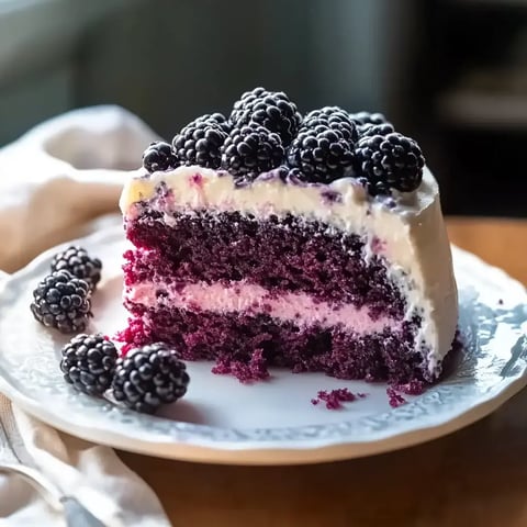 A decorative plate shows a vibrant purple slice of cake coated in cream frosting and topped with blackberries. Extra berries are set nearby.
