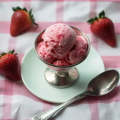 Scoops of strawberry dessert in a silver bowl surrounded by fresh strawberries on a pink checkered cloth.