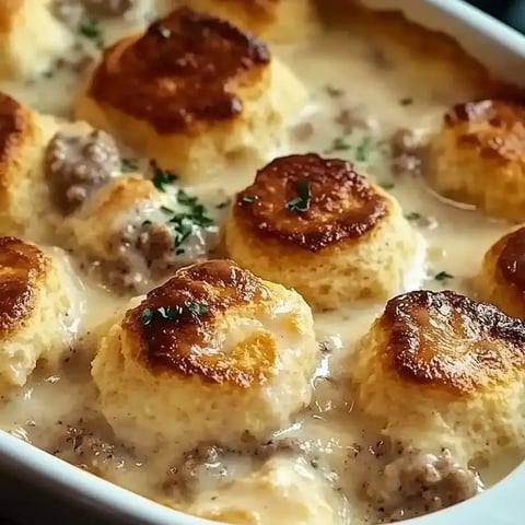 Golden biscuits covering a creamy sausage gravy dish with eggs.