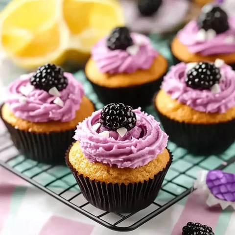 A close view of fluffy lemon cupcakes topped with rich purple frosting and fresh blackberries, sitting on a wire rack with a lemon nearby.