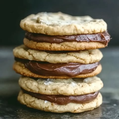 Stacked cookies with creamy chocolate filling in between.
