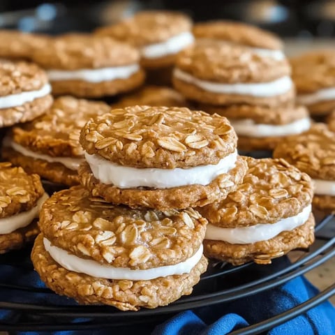 Stack of soft oatmeal cream pies on a black wire rack.