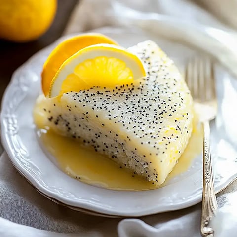 Moist lemon poppy seed cake slice resting on a pretty white plate, topped with lemon slices and a glossy glaze drizzle.