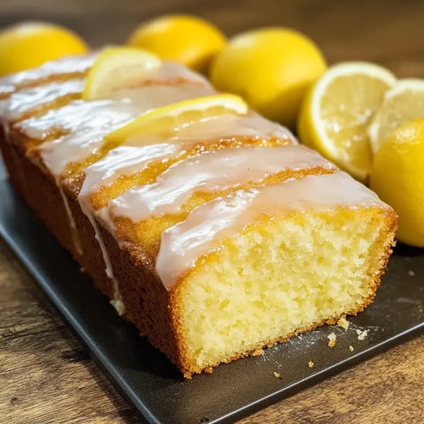 A golden lemon loaf drizzled with glaze, paired with cut and whole lemons on a rustic table.