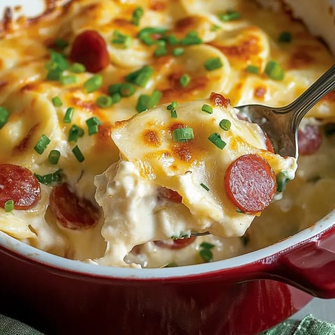 A cheesy pasta bake filled with kielbasa slices and garnished with green onions being scooped from a red pan.
