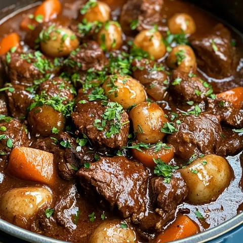 Close-up of a rich beef stew with tender chunks, small potatoes, and veggies topped with parsley.
