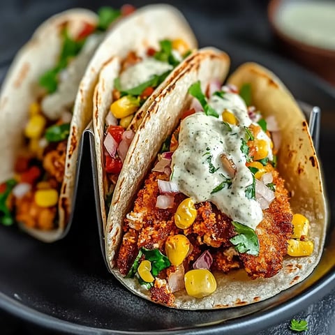 Tacos packed with crispy chicken, corn, fresh veggies, and creamy sauce on a dark plate.