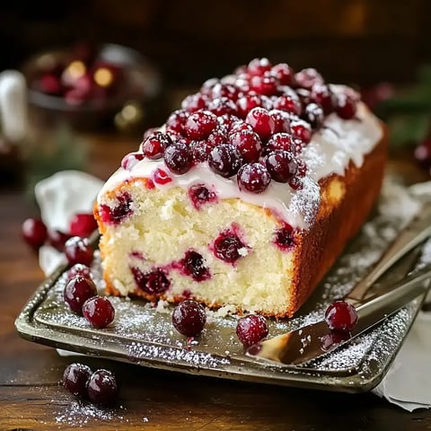 A perfectly frosted cranberry cake surrounded by a sprinkle of sugar and a few fresh cranberries, served on a gleaming silver plate.