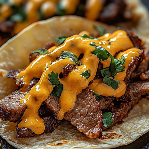 Close look at beef tacos with melty cheese.