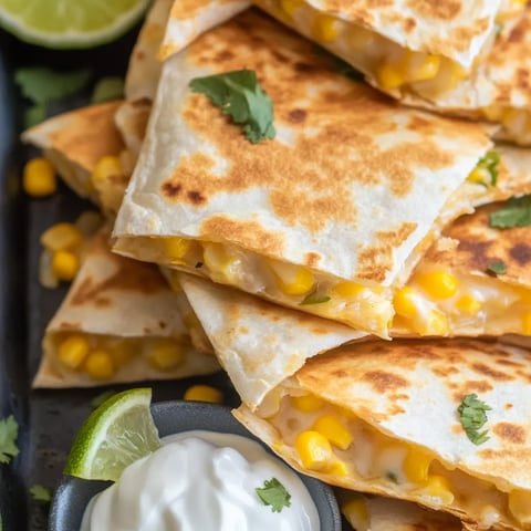 Cheesy Elote Quesadilla with Zesty Lime Crema