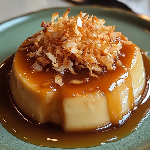 Smooth coconut flan draped with caramel and sprinkled with toasted coconut.
