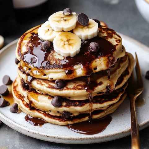 Stacks of banana chocolate chip pancakes topped with sliced bananas and syrup, warm and inviting.