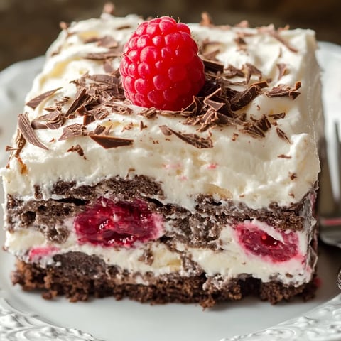 A delicious no-bake cake with layers of chocolate, creamy dulce de leche, and raspberries.