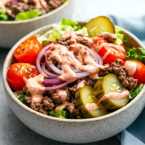 A colorful bowl filled with burger-inspired ingredients and fresh greens.