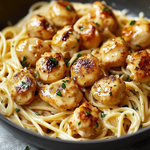 Golden Chicken in Garlic Butter Sauce Served with Creamy Pasta