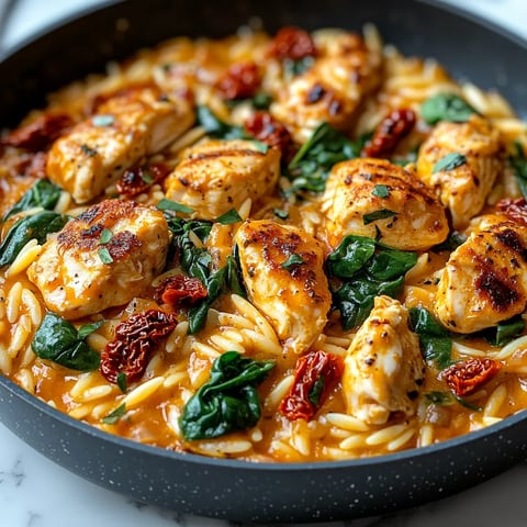 Creamy chicken served with orzo, garnished with fresh herbs and a rich sauce, ideal for dinner.