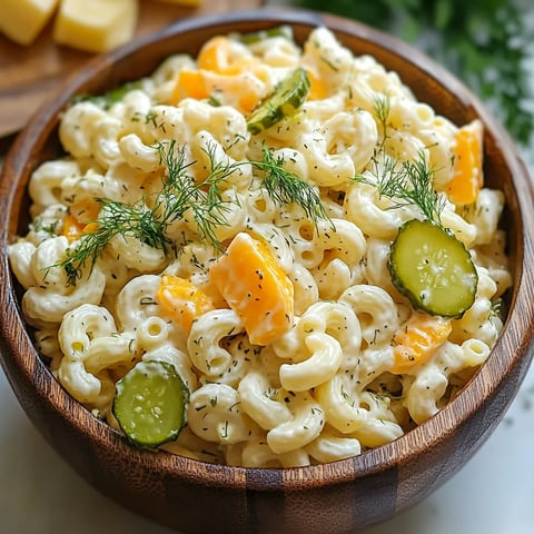 A creamy dill pickle salad with pasta, diced pickles, and herbs in a rich dressing.
