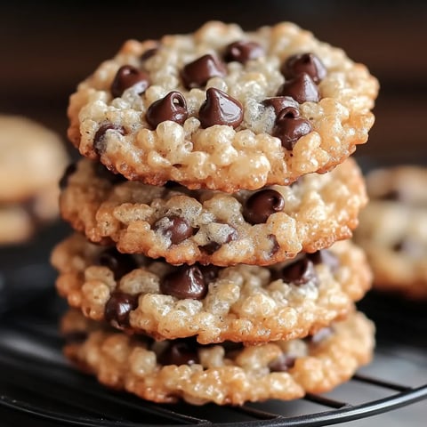 Golden brown cookies with Rice Krispies and chocolate chips, on a plate.