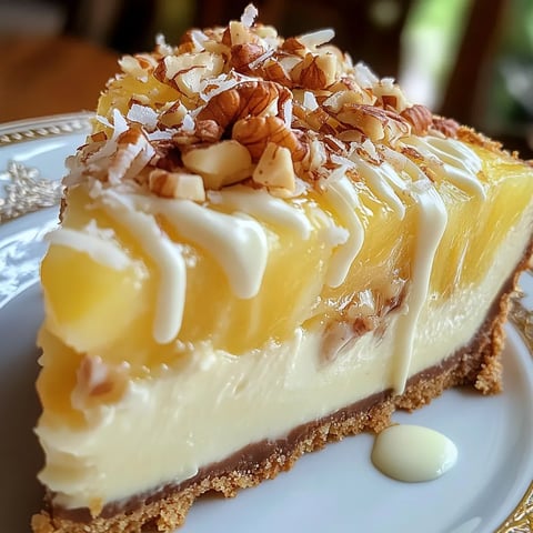 A pineapple cheesecake slice on a plate, topped with pineapple chunks and creamy layers.