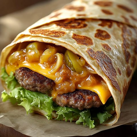 A Big Mac wrap showing its layers of beef, lettuce, cheese, and a drizzle of sauce wrapped in a tortilla.