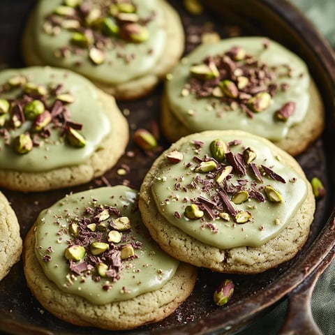 Soft cookie treats with pistachio filling and chocolate chunks on top, showing their smooth texture and nutty goodness.
