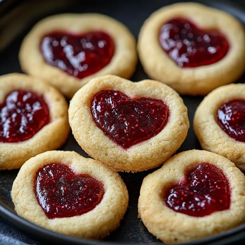 Close-up of heart-shaped cookies, topped with shiny raspberry jam. A sweet treat for everyone.
