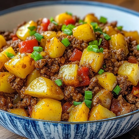 A cozy plate of ground beef and potatoes, cooked to perfection for a warm and satisfying meal.