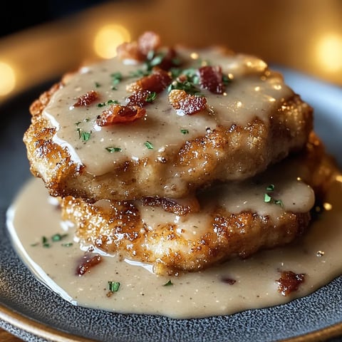 Crispy Fried Pork Chops smothered in Bacon Sauce