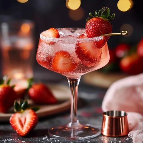 A bubbly pink drink in a heart-shaped glass.