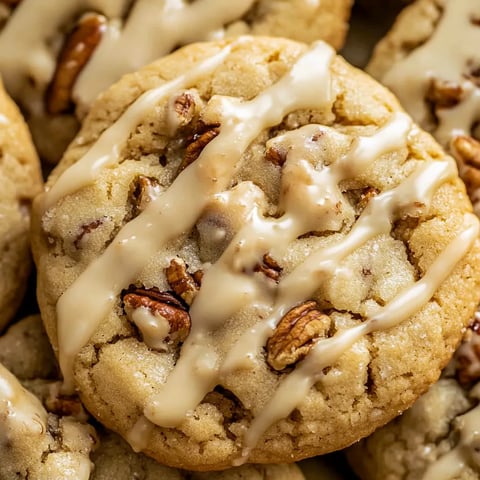 Soft, golden maple cookies with visible pecan bits and shiny glaze, ready to enjoy.