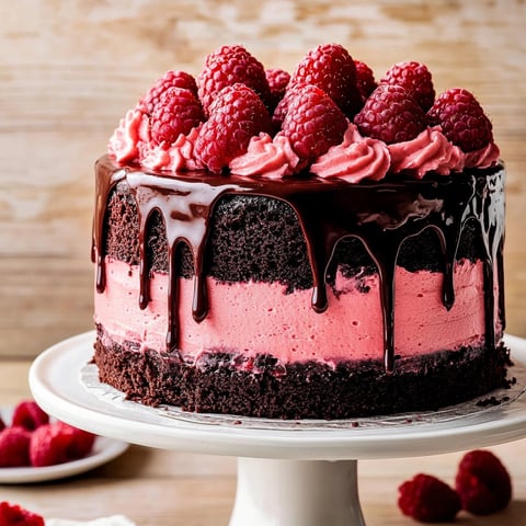 An indulgent chocolate raspberry cake with layers of frosting and fresh raspberries.