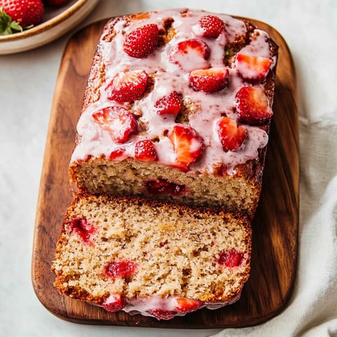 Freshly baked strawberry loaf with golden crust and bright red berry chunks.