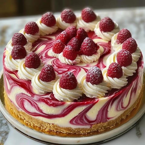 Rich white chocolate and raspberry swirl cheesecake—smooth and stunning.